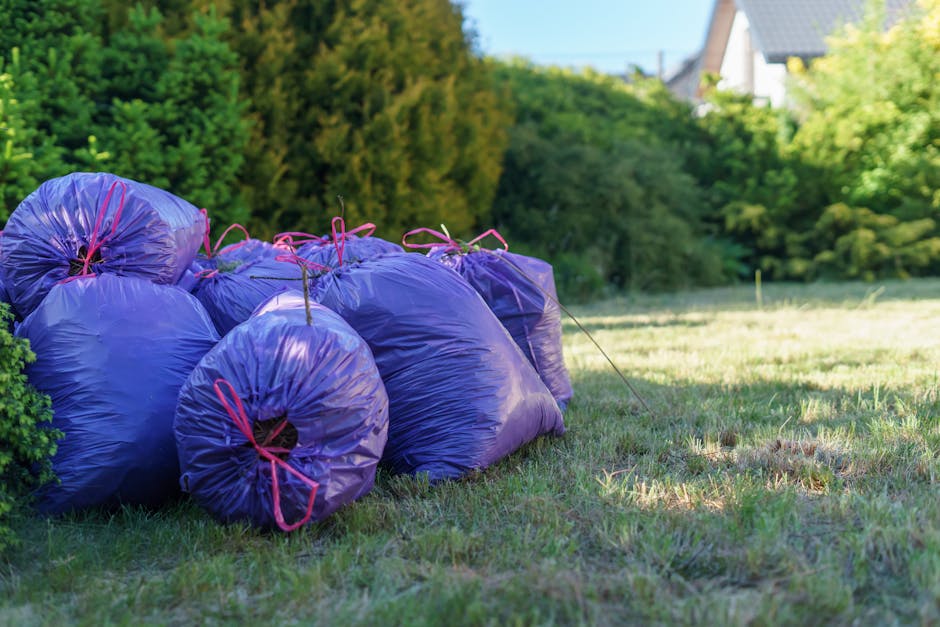 A row of purple garden waste bags made from plastic, tightly tied with pink and purple cords, are placed on a grassy lawn near a hedge. The lawn features a mixture of freshly cut, trimmed grass and pa